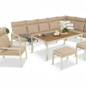 Kup teraz Komplet mebli tarasowych dla 10 osób - narożnik, fotel i pufy - Doros Corner XXL - Polywood Cream