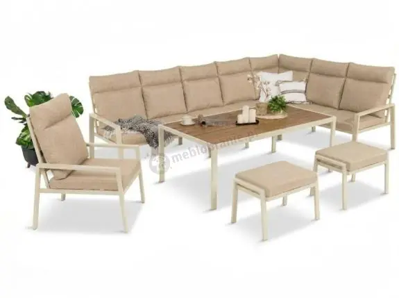 Kup teraz Komplet mebli tarasowych dla 10 osób - narożnik, fotel i pufy - Doros Corner XXL - Polywood Cream