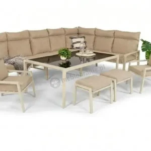 Oferta limitowana Zestaw mebli tarasowych z narożnikiem, stołem obiadowym 2 fotelami i 2 pufami - Doros Corner XXL - Cream