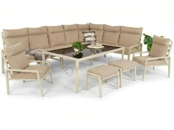 Oferta limitowana Zestaw mebli tarasowych z narożnikiem, stołem obiadowym 2 fotelami i 2 pufami - Doros Corner XXL - Cream