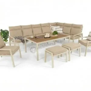 Zestaw mebli tarasowych z narożnikiem, stołem obiadowym 2 fotelami i 2 pufami - Doros Corner XXL - Polywood Cream Wybór klientów