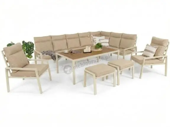 Zestaw mebli tarasowych z narożnikiem, stołem obiadowym 2 fotelami i 2 pufami - Doros Corner XXL - Polywood Cream Wybór klientów