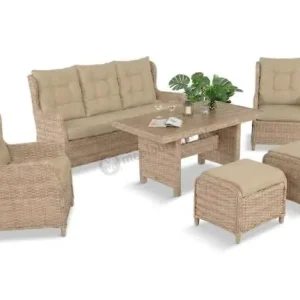 Wysoka jakość Meble technorattanowe z sofą 178cm, 2 fotelami, 2 pufami i stołem obiadowym polywood Fiorento - Beige