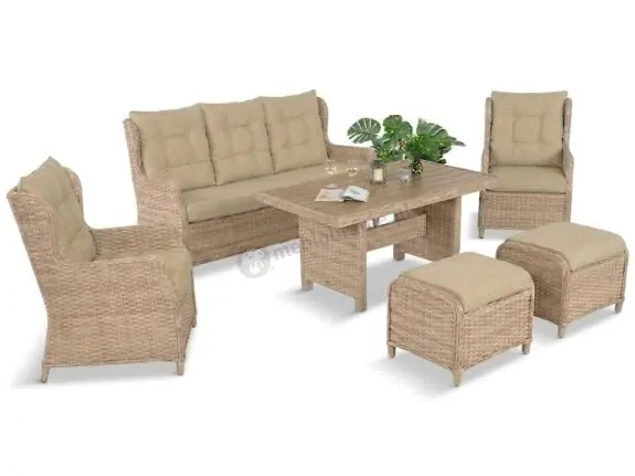 Wysoka jakość Meble technorattanowe z sofą 178cm, 2 fotelami, 2 pufami i stołem obiadowym polywood Fiorento - Beige