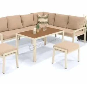 Niska cena Jasny narożnik tarasowy modułowy ze stolikiem 120cm i pufami - Sodor Corner XL - Cream Polywood