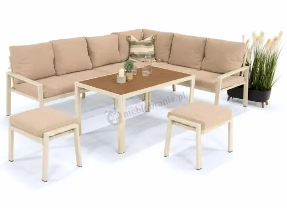 Niska cena Jasny narożnik tarasowy modułowy ze stolikiem 120cm i pufami - Sodor Corner XL - Cream Polywood