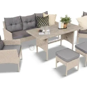 Tani Komplet mebli na taras dla 7 osób z uniwersalnym stołem imitacja drewna Perata Dining Grey