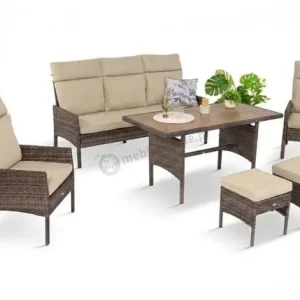 Zniżka Brązowe meble ogrodowe z sofą 175cm, wysokim stołem polywood, fotelami i pufami Lirata Dining