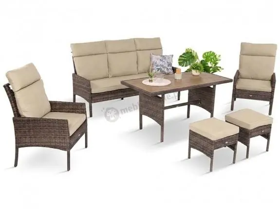 Zniżka Brązowe meble ogrodowe z sofą 175cm, wysokim stołem polywood, fotelami i pufami Lirata Dining