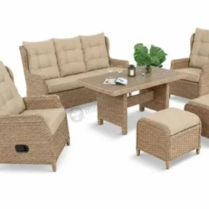 Meble technorattanowe z sofą 178cm, 2 fotelami z regulacją, 2 pufami i stołem obiadowym Fiorento - Beige Polywood Do wyczerpania zapasów