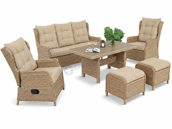 Meble technorattanowe z sofą 178cm, 2 fotelami z regulacją, 2 pufami i stołem obiadowym Fiorento - Beige Polywood Do wyczerpania zapasów