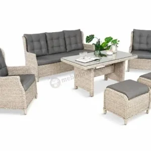 Meble technorattanowe z sofą 178cm, 2 fotelami, 2 pufami i stołem obiadowym Fiorento - Grey Wyjątkowa oferta