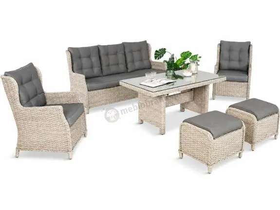Meble technorattanowe z sofą 178cm, 2 fotelami, 2 pufami i stołem obiadowym Fiorento - Grey Wyjątkowa oferta