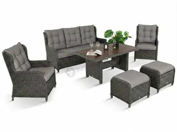Nowy Komplet mebli z technorattanu dla 7 osób ze stołem polywood 145x85 Fiorento - Antracite