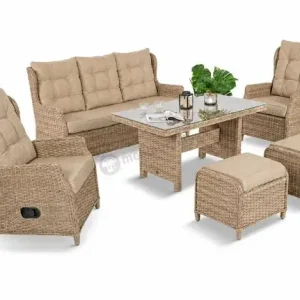 Popularny Meble technorattanowe z sofą 178cm, 2 fotelami z regulacją, 2 pufami i stołem obiadowym Fiorento - Beige