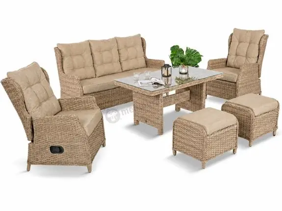 Popularny Meble technorattanowe z sofą 178cm, 2 fotelami z regulacją, 2 pufami i stołem obiadowym Fiorento - Beige