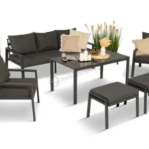 Grafitowy zestaw mebli metalowych na taras Sodor Dining + pufy - Dark Grey Bestseller