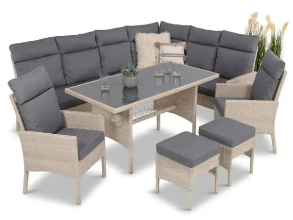 Wysoka jakość Narożnik technorattan ze stołem 120x70cm, dwoma fotelami i pufami Lirata Corner Light Grey
