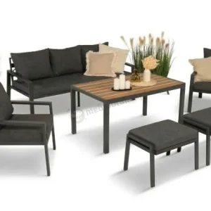 Grafitowy zestaw mebli metalowych na taras Sodor Dining + pufy - Dark Grey Polywood Bezpieczne zakupy