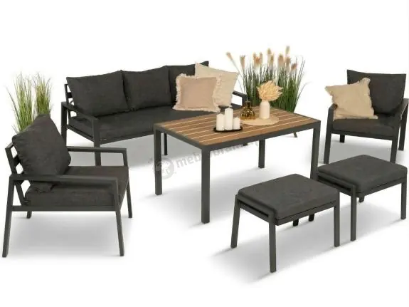 Grafitowy zestaw mebli metalowych na taras Sodor Dining + pufy - Dark Grey Polywood Bezpieczne zakupy