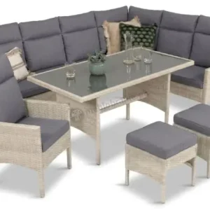 Zniżka Meble technorattanowe narożne ze stołem 120x70cm, pufami i fotelem Lirata Corner - Light Grey