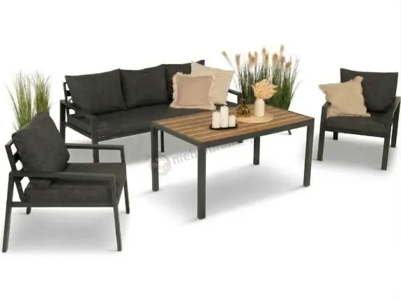 Wysoka jakość Grafitowy komplet ogrodowy metalowy z sofą 175 cm i stołem polywood Sodor Dining