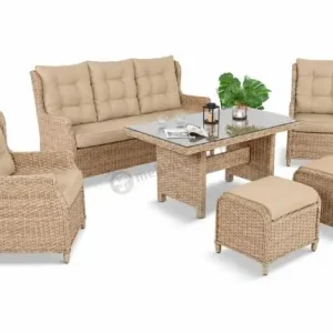 Do wyczerpania zapasów Meble technorattanowe z sofą 178cm, 2 fotelami, 2 pufami i stołem obiadowym Fiorento - Beige