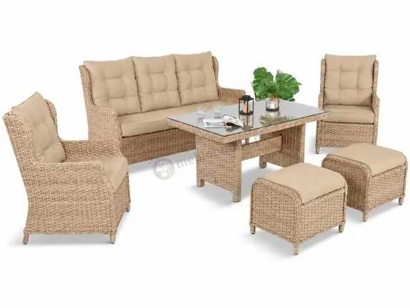 Do wyczerpania zapasów Meble technorattanowe z sofą 178cm, 2 fotelami, 2 pufami i stołem obiadowym Fiorento - Beige