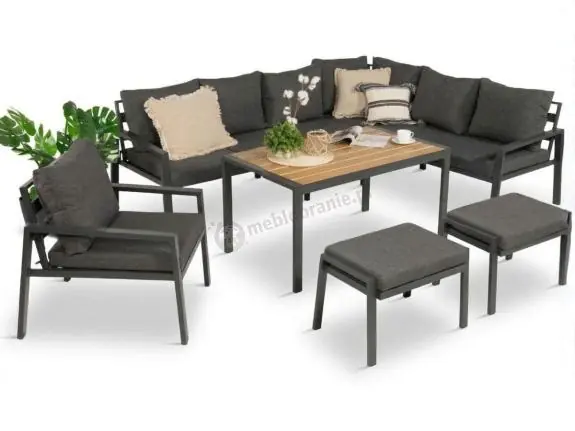 Komplet ogrodowy metalowy z narożnikiem, fotelem i pufami - Sodor Corner XL - Dark Grey Polywood Popularny