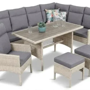 Popularny Narożnik technorattan ze stołem polywood 120x70cm Lirata Corner z fotelem Light Grey