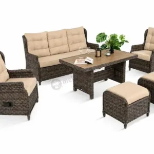 Wyprzedaż Technorattanowy komplet mebli ogrodowych z sofą, 2 regulowanymi fotelami i 2 pufami - Fiorento Brown Polywood
