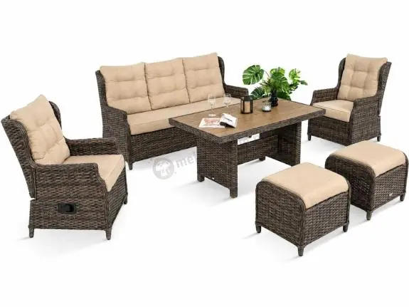 Wyprzedaż Technorattanowy komplet mebli ogrodowych z sofą, 2 regulowanymi fotelami i 2 pufami - Fiorento Brown Polywood