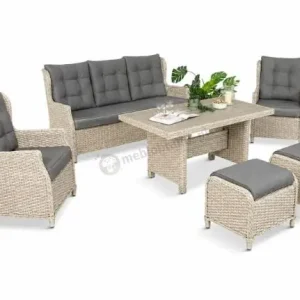 Meble technorattanowe z sofą 178cm, 2 fotelami, 2 pufami i stołem obiadowym z blatem polywood Fiorento - Grey Ograniczona ilość