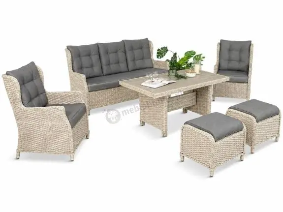 Meble technorattanowe z sofą 178cm, 2 fotelami, 2 pufami i stołem obiadowym z blatem polywood Fiorento - Grey Ograniczona ilość