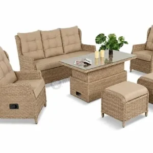 Meble technorattanowe z sofą 178cm, 2 fotelami z regulacją, 2 pufami i stołem podnoszonym Fiorento Dining - Beige Najlepsza cena