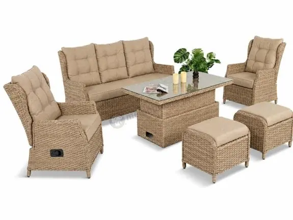 Meble technorattanowe z sofą 178cm, 2 fotelami z regulacją, 2 pufami i stołem podnoszonym Fiorento Dining - Beige Najlepsza cena