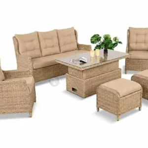 Meble technorattanowe z sofą 178cm, 2 fotelami, 2 pufami i stołem podnoszonym Fiorento Dining - Beige Zamów dziś