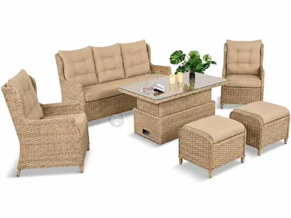 Meble technorattanowe z sofą 178cm, 2 fotelami, 2 pufami i stołem podnoszonym Fiorento Dining - Beige Zamów dziś