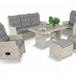 Meble technorattanowe z sofą 178cm, 2 fotelami z regulacją, 2 pufami i stołem obiadowym Fiorento - Grey Polywood Tani