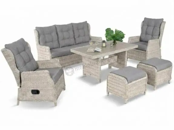 Meble technorattanowe z sofą 178cm, 2 fotelami z regulacją, 2 pufami i stołem obiadowym Fiorento - Grey Polywood Tani