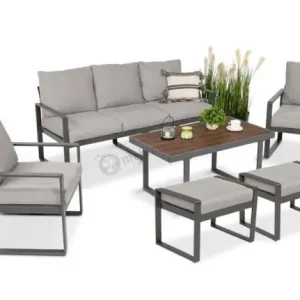 Dodaj do koszyka Metalowe meble tarasowe - sofa 175cm, fotele, pufy i stolik kawowy - Panaon Dining Light Grey