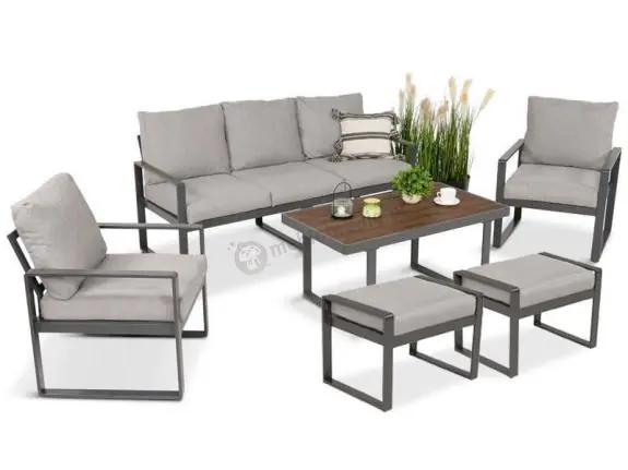 Dodaj do koszyka Metalowe meble tarasowe - sofa 175cm, fotele, pufy i stolik kawowy - Panaon Dining Light Grey