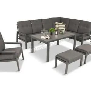 Sprawdź teraz Aluminiowy narożnik ogrodowy z fotelem, pufami i stołem 150x90cm Tavaro Corner Antracite