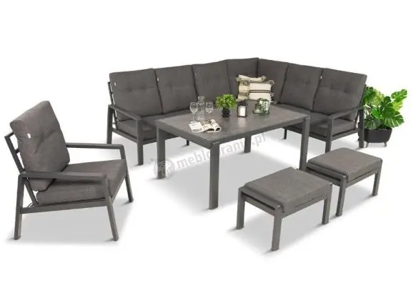 Sprawdź teraz Aluminiowy narożnik ogrodowy z fotelem, pufami i stołem 150x90cm Tavaro Corner Antracite