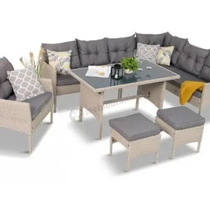 Nowość Narożnik z technorattanu ze stołem 120x70cm pufami i fotelem Perata Corner Light Grey