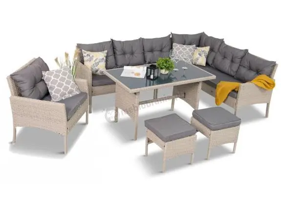 Nowość Narożnik z technorattanu ze stołem 120x70cm pufami i fotelem Perata Corner Light Grey