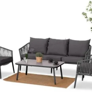 Antracytowe nowoczesne meble ogrodowe metalowe rope style z sofą, fotelami i stolikiem kawowym Kostto Cafe Oferta