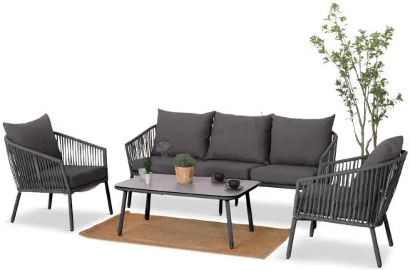 Antracytowe nowoczesne meble ogrodowe metalowe rope style z sofą, fotelami i stolikiem kawowym Kostto Cafe Oferta