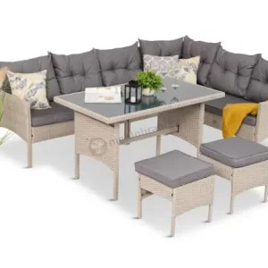 Bezpieczna płatność Narożnik technorattan ze stołem 120x70cm i pufami Perata Corner Light Grey