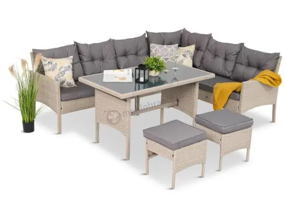 Bezpieczna płatność Narożnik technorattan ze stołem 120x70cm i pufami Perata Corner Light Grey